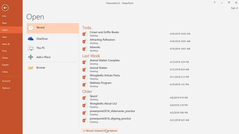 恢复未保存的演示文稿
