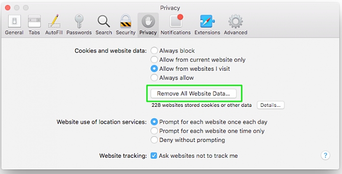 在Safari中删除cookie