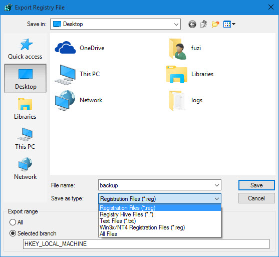 备份Windows 10中的注册表