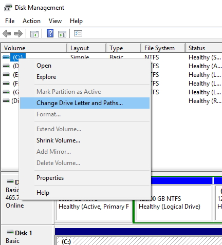 更改磁盘管理中的驱动器号