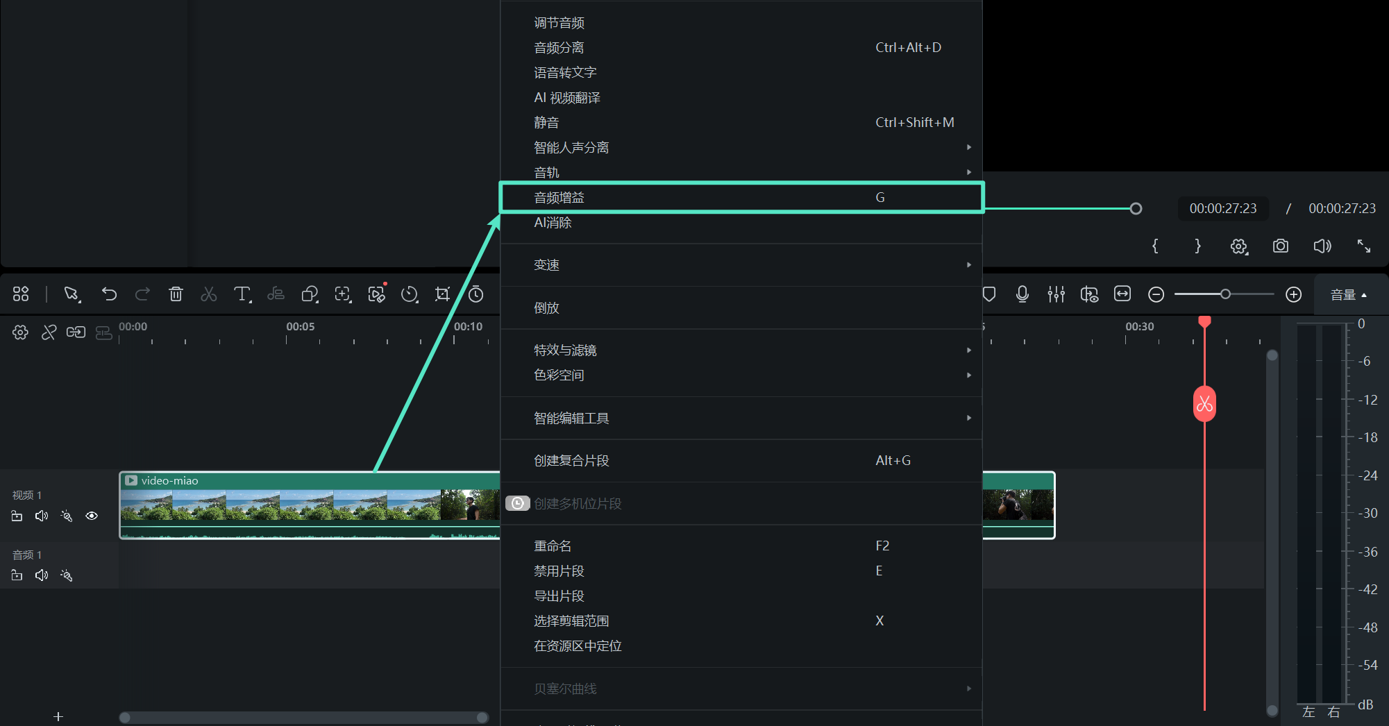 通过右键菜单访问音频增益