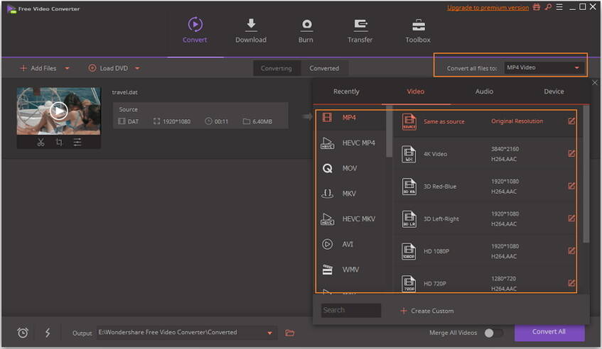 选择MP4作为输出格式