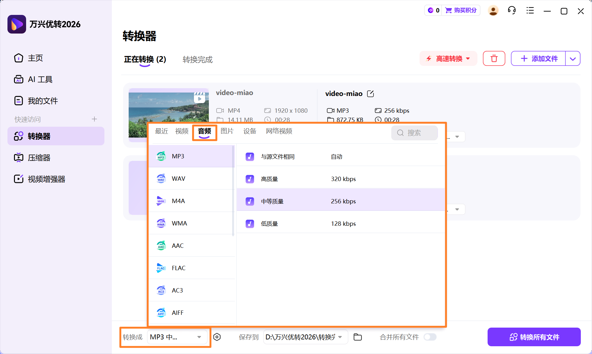 选择所需的音频格式