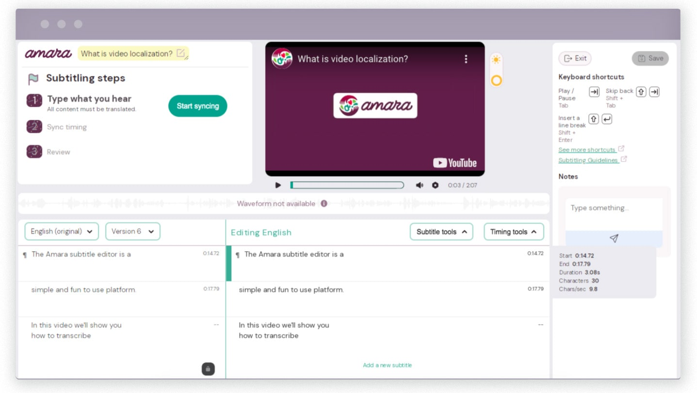 Amara字幕编辑器: 开放式字幕和翻译平台